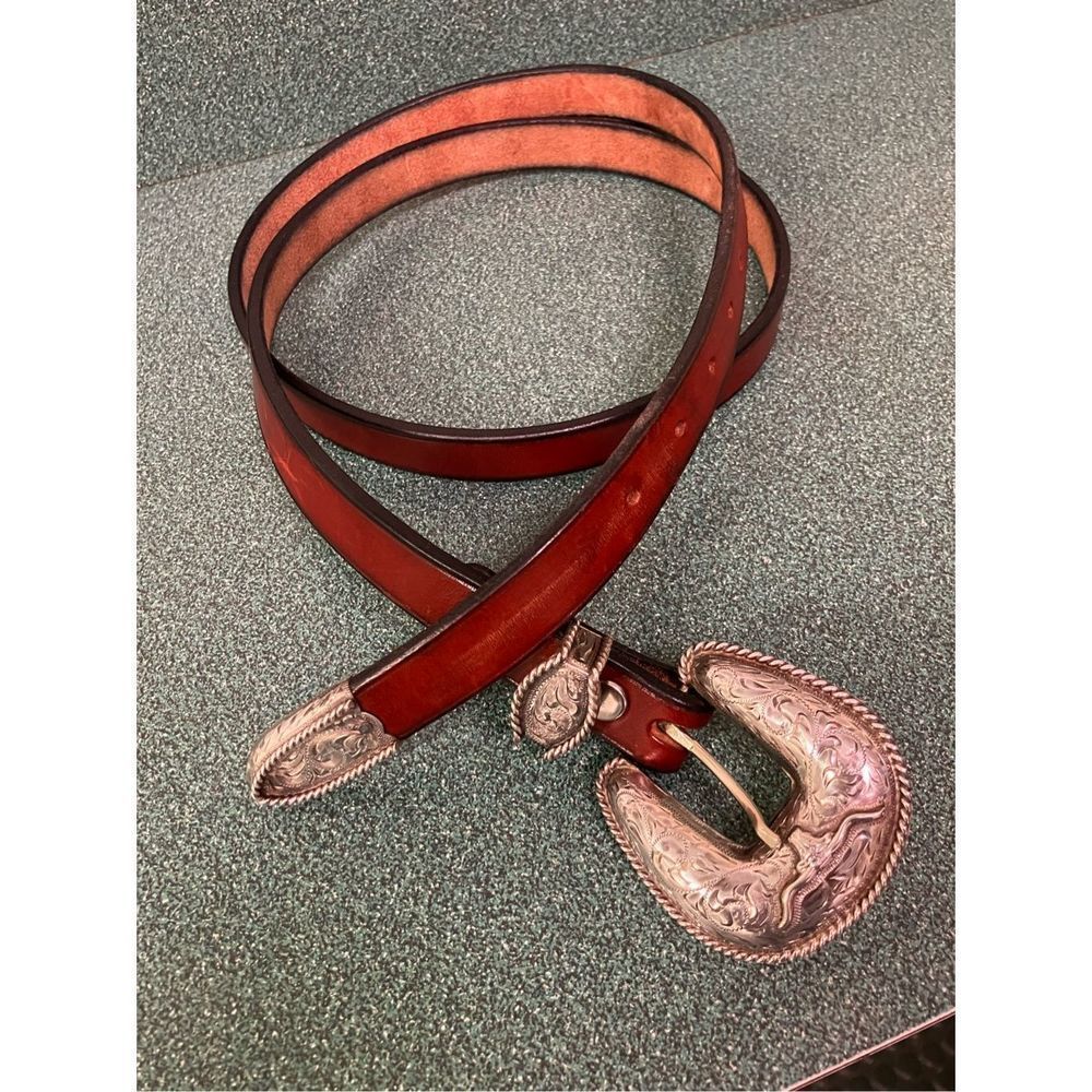 Women’s Western Cowgirl Belt Sterling Silver Overlaid Buckle Set Vintage Brown